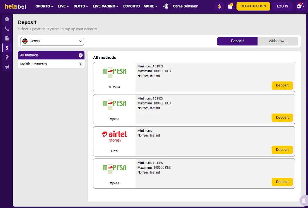 Helabet Casino Deposits Screenshot